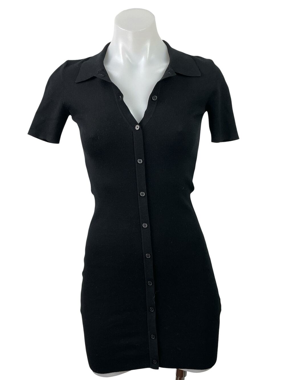 Aritzia Sunday Best Black Short Sleeve Rib Knit Button Up Mini Bodycon Dress 2XS